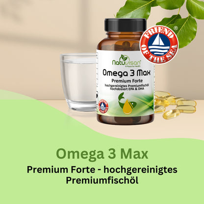 Darstellung von hochdosierten Omega-3-Fischölkapseln (2000 mg) mit Fokus auf die essenziellen Fettsäuren EPA (Eicosapentaensäure) und DHA (Docosahexaensäure), die lebenswichtige Funktionen im menschlichen Körper erfüllen, darunter die Regulation von Zellprozessen, Hormonbildung und Entzündungsreaktionen. Als mehrfach ungesättigte Fettsäuren können sie nicht vom Körper selbst gebildet werden und müssen über Nahrung oder Nahrungsergänzung aufgenommen werden.