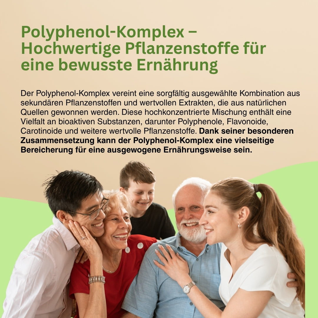 Symbolbild für eine ausgewogene Ernährung mit Polyphenol-Komplex – bietet eine hochwertige pflanzliche Ergänzung bei geringem Verzehr von Obst und Gemüse oder bei Nahrungsmittelunverträglichkeiten, liefert natürliche sekundäre Pflanzenstoffe ohne Zusatzstoffe.