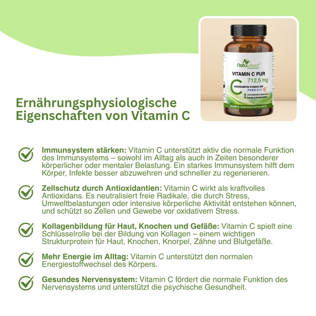 Darstellung der Rolle von Vitamin C in der Kollagenbildung – PureWay-C unterstützt den Erhalt gesunder Haut, fester Knochen, elastischer Gefäße und stabiler Knorpelstrukturen durch Förderung der körpereigenen Kollagensynthese.