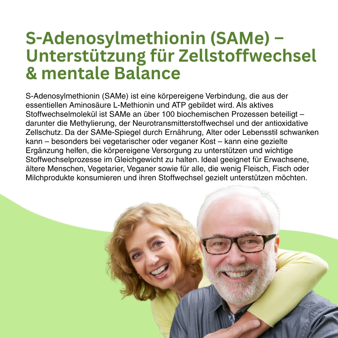 Darstellung natürlicher SAMe-Quellen wie Fleisch, Fisch, Eier und Milchprodukte – ergänzt durch den Hinweis, dass Natuvisan SAMe Adonat besonders für Veganer geeignet ist, um den SAMe-Bedarf gezielt zu decken.