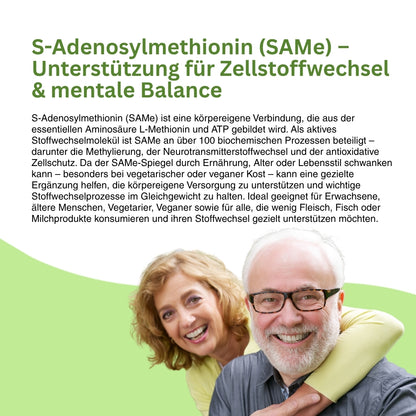 Darstellung natürlicher SAMe-Quellen wie Fleisch, Fisch, Eier und Milchprodukte – ergänzt durch den Hinweis, dass Natuvisan SAMe Adonat besonders für Veganer geeignet ist, um den SAMe-Bedarf gezielt zu decken.