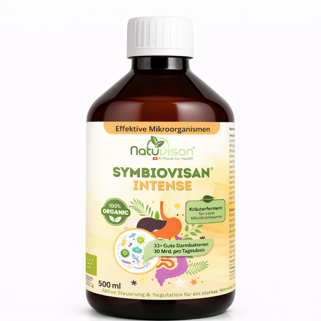 Symbiovisan® Intense – Bio-fermentiertes Mikrobiom-Elixier mit 33 Bakterienstämmen & 25 Kräutern für Balance bei Blähbäuchen.
