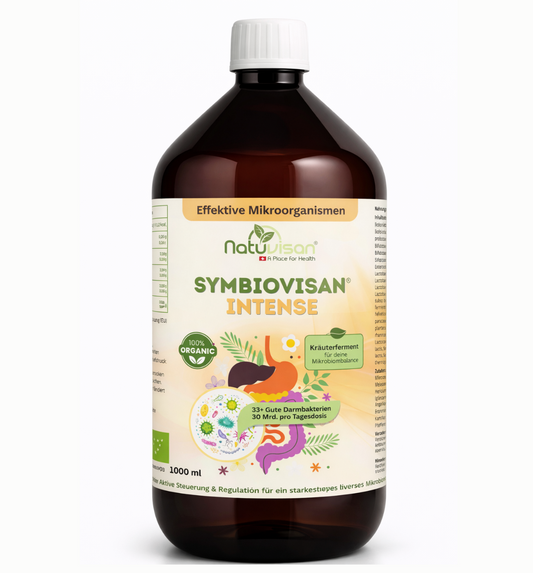 Symbiovisan® Intense – natürlich fermentiertes Mikrobiom-Elixier mit frischer Molke, 33+ aktiven Mikroorganismen und 25 Bio-Kräutern zur Unterstützung der Darmbalance und inneren Mitte. Entwickelt für Menschen mit Blähbauch und empfindlicher Verdauung.