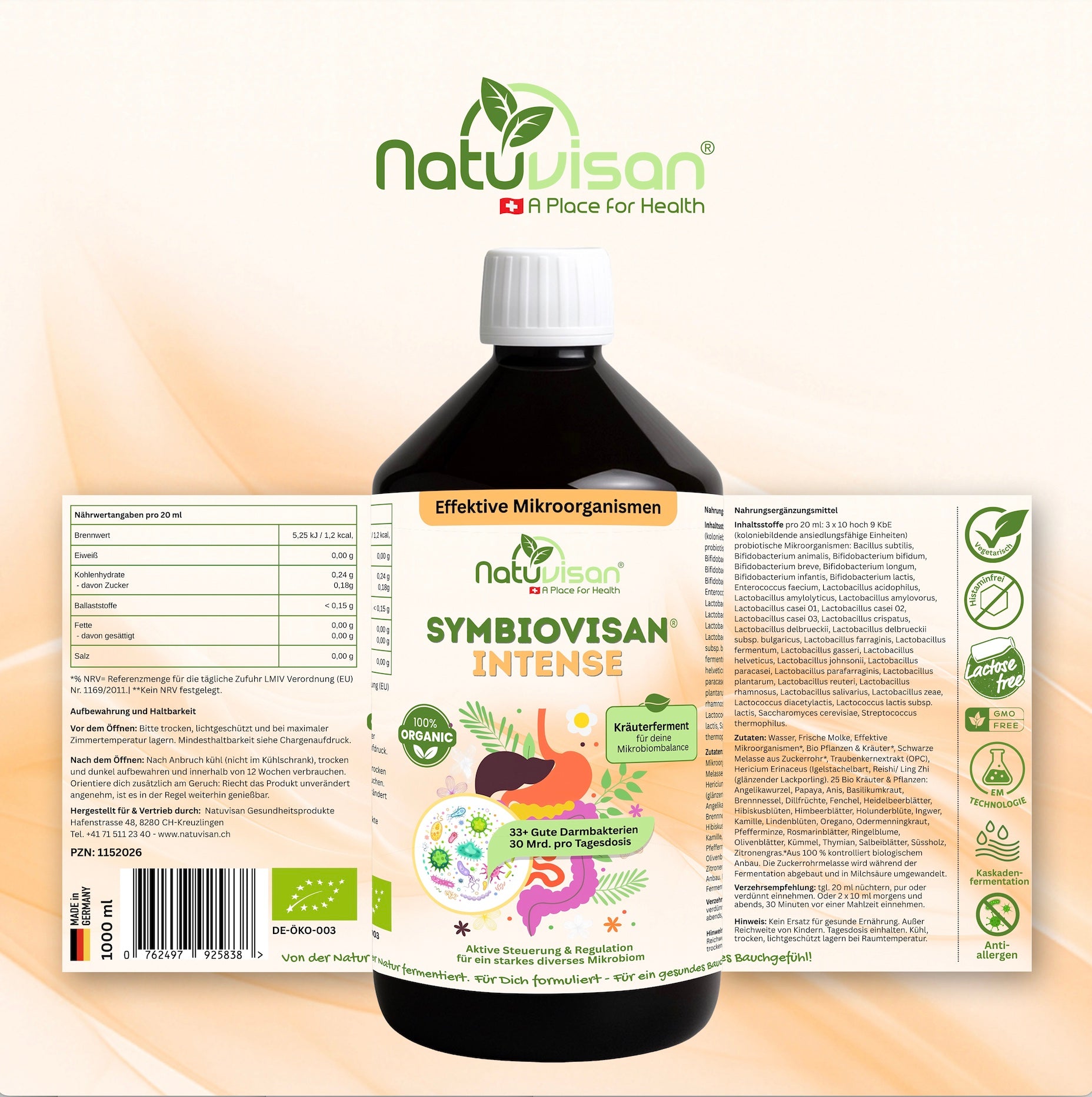 NATUVISAN Symbiovisan® Intense Mikrobiom-Elixier – Bio-Ferment mit 33 koloniebildenden Bakterienstämmen, frischer Molke, Reishi, Hericium und 25 Bio-Kräutern. Hergestellt in Deutschland, histaminfrei, zur ernährungsphysiologischen Unterstützung von Darm und Mikrobiom.