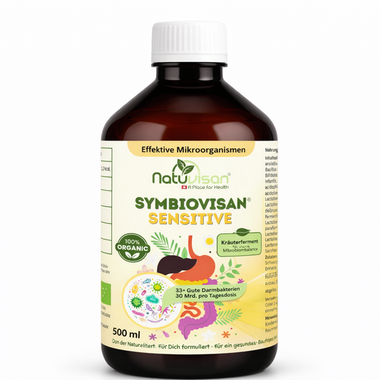 Symbiovisan® Sensitive – Sanft fermentiertes Mikrobiom-Elixier mit effektiven Mikroorganismen und Bio-Kräutern für sensible Bäuche.
