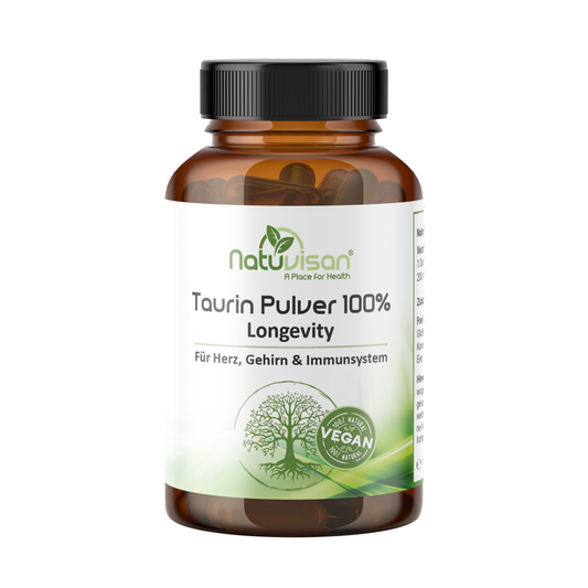Packung TAURIN Pulver – 100 g in einer transparenten Dose, die das energiereiche Aminosäurepulver zur Unterstützung von Körperfunktionen und Leistungsfähigkeit zeigt.
