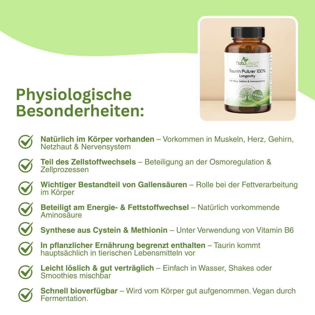 Infografik zur Rolle von Taurin im Fett- und Energiestoffwechsel – veranschaulicht die Beteiligung an biologischen Prozessen wie der Regulation des Wasserhaushalts, der Zellstabilität und der Verarbeitung von Fetten durch Gallensäuren.