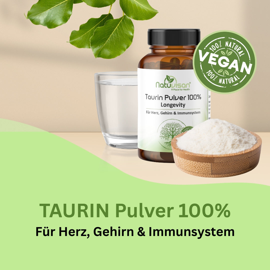 Darstellung der natürlichen Taurin-Vorkommen im Körper – zeigt hohe Konzentrationen in Muskeln, Gehirn, Herz und Nervensystem sowie die Beteiligung an Zellstoffwechsel, Osmoregulation und Gallensäurebildung.