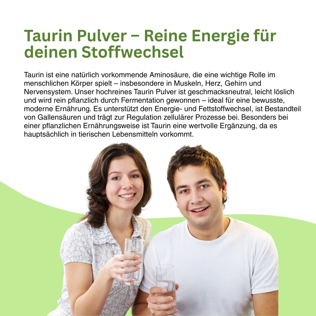 Visualisierung von Natuvisan Taurin Pulver – 99 % reines, geschmacksneutrales und wasserlösliches Pulver ohne Zusätze, ideal zum Mischen in Shakes, Smoothies oder Wasser, mit schneller Bioverfügbarkeit und hoher Verträglichkeit.