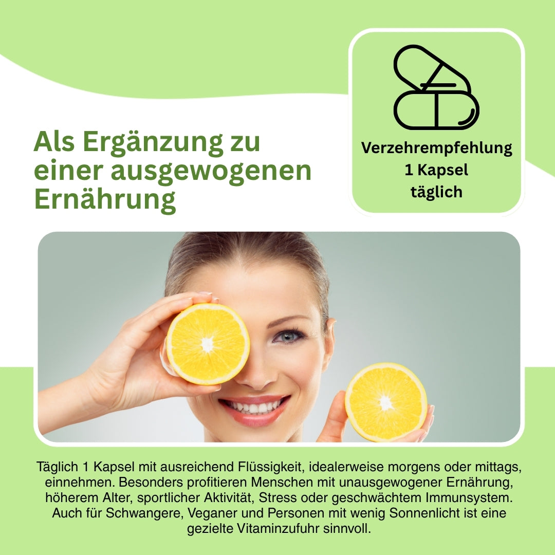 Infografik zu Vitamin C im Energiestoffwechsel – PureWay-C trägt zur Reduktion von Müdigkeit bei, fördert die normale Funktion des Nervensystems und unterstützt kognitive Gesundheit und Stressresistenz.