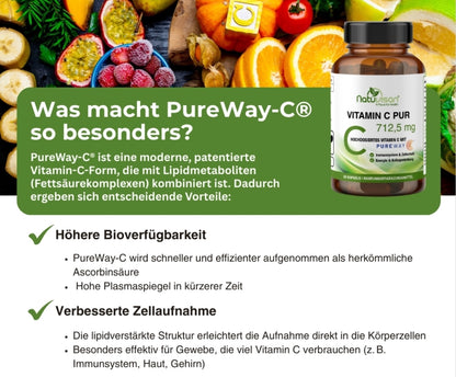 Vitamin C PureWay 712,5 mg von Natuvisan in Kapselform, stilvoll präsentiert mit einem frischen, vitalisierenden Design für deine tägliche Vitaminversorgung.