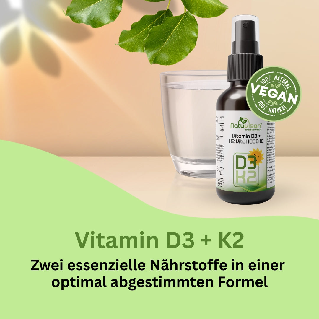 Natuvisan Vitamin D3 + K2 MK7 all-trans – hochbioaktive Kombination zur ergänzenden Versorgung mit veganem Vitamin D3 und K2 in bester Vital® Qualität