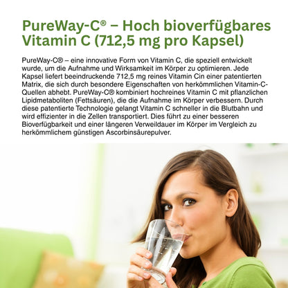 Visualisierung der patentierten PureWay-C-Technologie – lipophile Pflanzenstoffe verbessern die Aufnahme von Vitamin C in Zellen, verlängern die Verweildauer im Blutkreislauf und sorgen für bessere Verträglichkeit gegenüber herkömmlicher Ascorbinsäure.