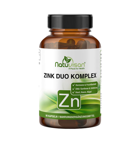 Natuvisan Zink Komplex – veganes Nahrungsergänzungsmittel mit Zinkpicolinat und Zinkbisglycinat zur Unterstützung des Immunsystems, der Hautgesundheit und des antioxidativen Zellschutzes.