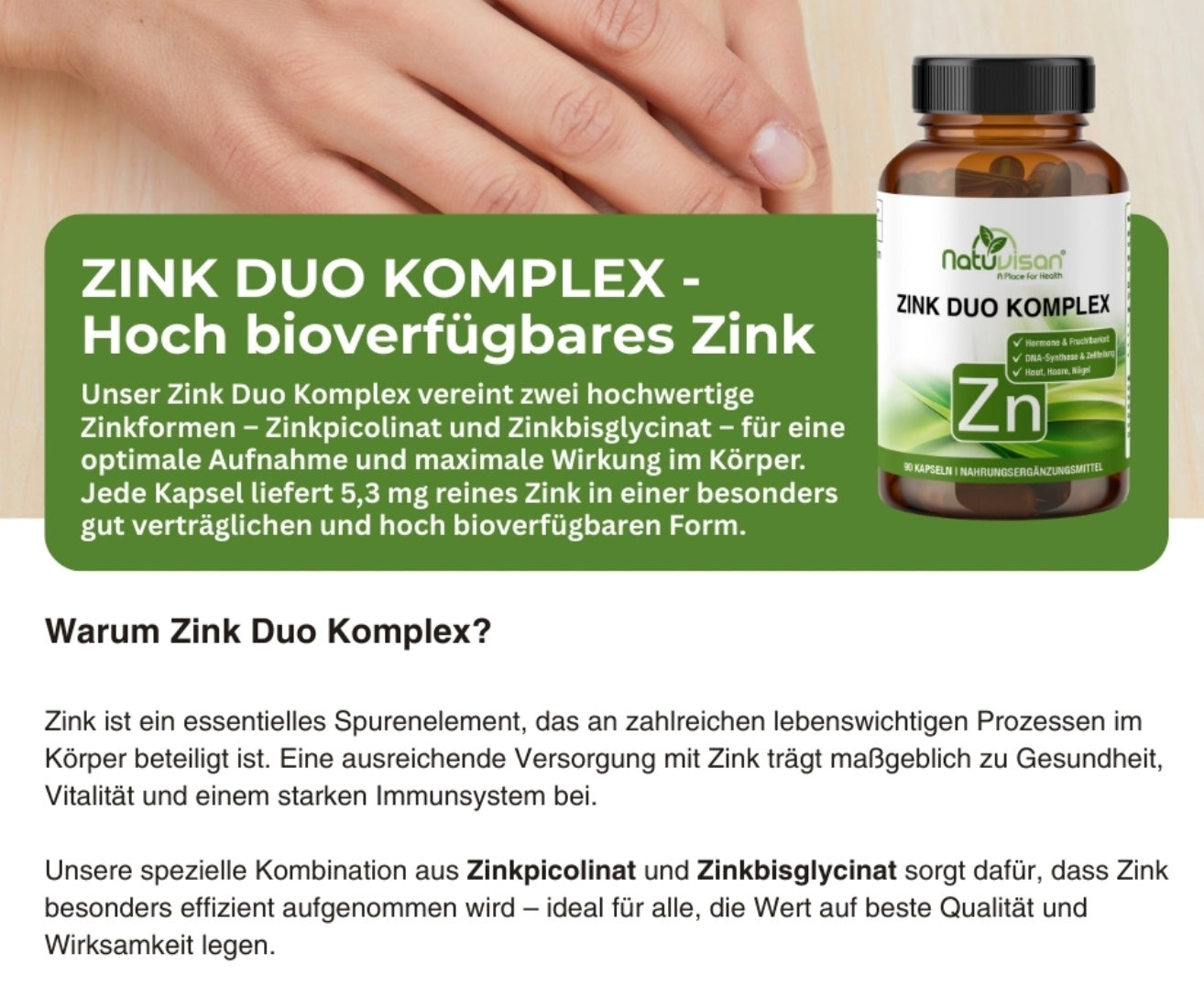 Natuvisan Zink Duo Komplex Kapseln, ansprechend präsentiert, zur optimalen Versorgung mit Zink für Haut, Haare und die körpereigene Abwehrkraft.