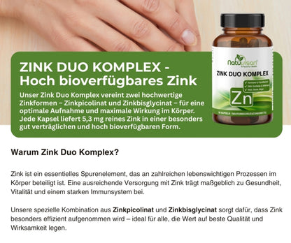 Natuvisan Zink Duo Komplex Kapseln, ansprechend präsentiert, zur optimalen Versorgung mit Zink für Haut, Haare und die körpereigene Abwehrkraft.