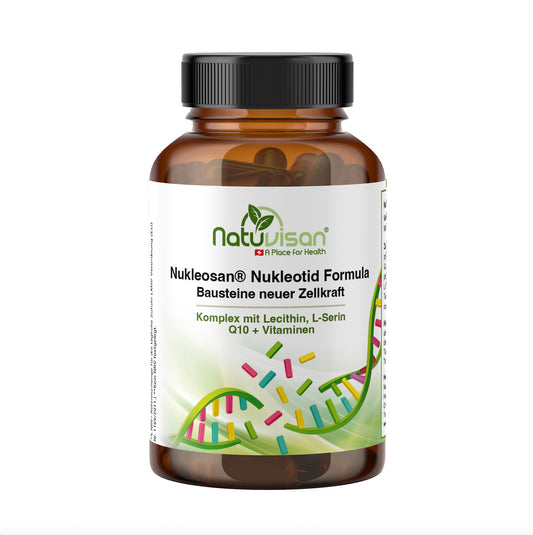NukleoSan® – innovativer Nährstoffkomplex mit fünf Nukleotiden (UMP, CMP, IMP, GMP, AMP), Aminosäuren, Cholin, Vitaminen und Coenzym Q10. Unterstützt den Zellstoffwechsel, liefert Bausteine für DNA- und RNA-Synthese, fördert Energieproduktion (ATP) und trägt zur natürlichen Regeneration von Gewebe bei. Modernes, klares Design mit Fokus auf Zellaufbau und Energie.
