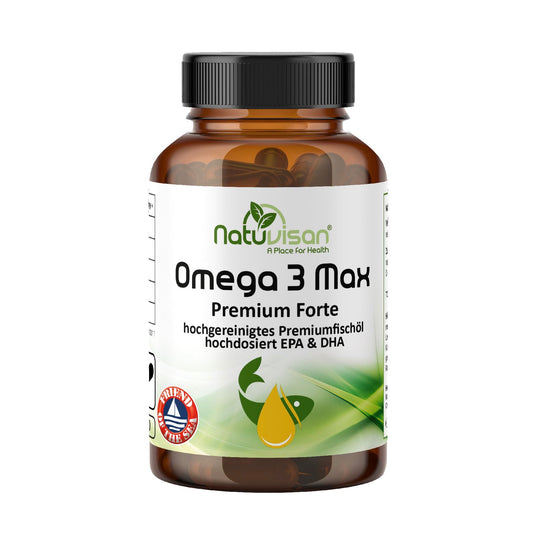 Braune Glasdose mit Omega-3-Fischöl-Weichkapseln – Hochreines Fischöl mit EPA und DHA zur Unterstützung von Herzgesundheit, Gehirnfunktion und Immunsystem. Elegantes Apothekerglas mit Schraubdeckel.