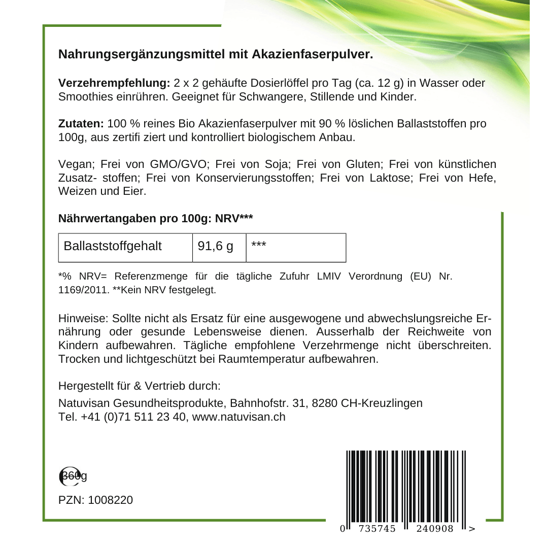 BIO AKAZIENFASER PULVER zertifiziert Fibregum® Fördert das Wachstum guter Darmbakterien.