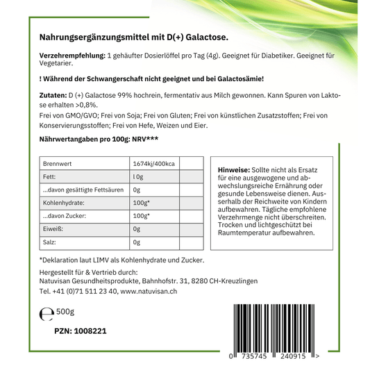D(+) GALACTOSE  99% hochrein - Pulver 500gNahrungsergänzungsmittel 
Galactose ist ein Einfachzucker, der auch als Galaktose bekannt ist. Er gehört zur Gruppe der Monosaccharide. Galactose spielt eine wichtig